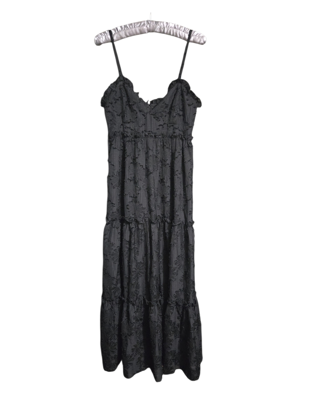 Altar'd State Black Floral Textured Tiered Maxi Dress Sheer Lined Small EUC